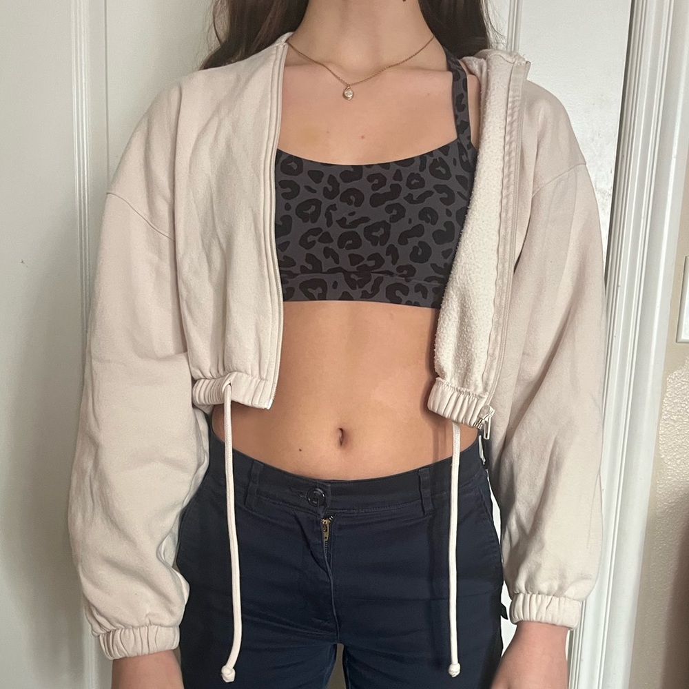 light tan cropped jacket with hood